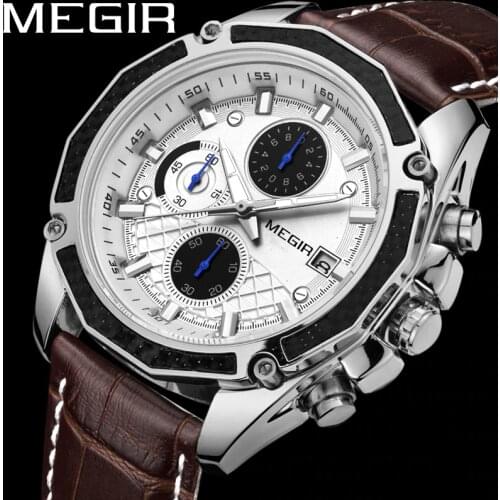 MEGIR Watch Men Waterproof Chronograph Military Male Clock Top Brand Luxury Brown Genuine Leather Man Sport Wristwatch Gift 2015