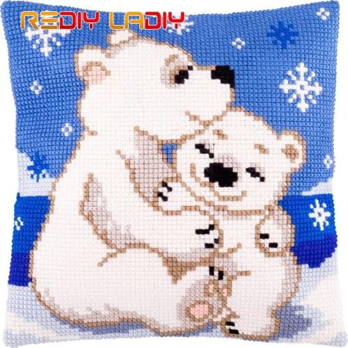 Cross Stitch Cushion Kits Polar Bears Pillow Case Pre-Printed Canvas Acrylic Chunky Yarn Needlepoint Cross-stitch Arts & Crafts