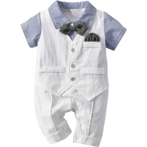 Newborn Baby Boys Baptism White Romper Jumpsuit Cotton Short Sleeve gentleman Clothes Summer Sunsuit Outfits