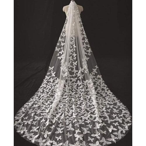 Single Layered Floral Butterfly Chapel Wedding Veil Exquisite Lace Custom Made Light Ivory Bridal Veils