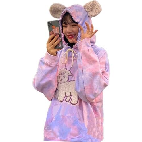 Autumn Women Tie Dye Gradient Hoodies Harajuku Kawaii Plush Sheep Ears Drawstring Hooded Sweatshirt Lamb Embroidery Pullover Top