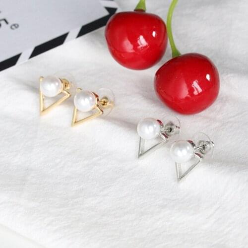 Hollow Triangle Earring Gold Silver Color Double Simulated Pearl Stud Earrings Statement Zinc Alloy Earring For Women Pendientes