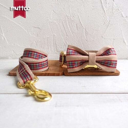 MUTTCO Adjustable bow-tie collar THE SCOTLAND handmade pet products 5 sizes metal buckle double cloth dog collar set UDC012B