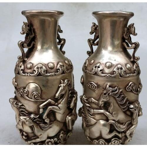 Antique Old 18C Silver vase,a pair of carve Horse bottle,hand crafts,best collection&adornment,free shipping