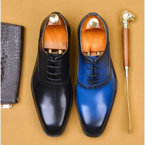 Blue Brogue Business Wedding Shoes Men Casual Flats Shoes Vintage Handmade Oxford Formal Shoe Lace Up Spring Flats