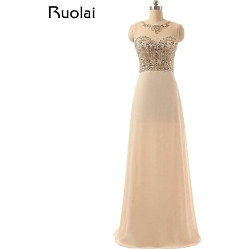 Real Picture Champagne Evening Dresses with Crystal Beaded Chiffon A-Line Prom Dress 2019 Vestido de Festa Longo Open Back PD80