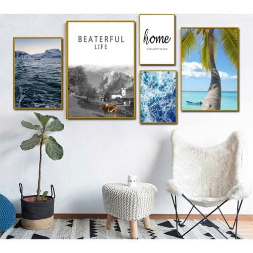 Southeast Asia Beach Scenery Tropical Palm Leaves Canvas Painting Room Decor Blue Ocean Poster Abstract Text Wall Picture FA679
