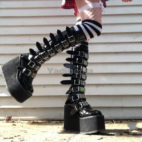 Brand Design Female Gothic Cosplay Wedges High Heels Women Boots Fashion Metal Buckle Platform Knee High Boots Punk Shoes Woman
