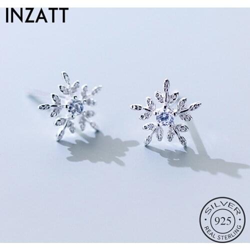 INZATT Real 925 Sterling Silver Zircon Snowflake Stud Earrings For Fashion Woman Cute Fine Jewelry Geometric Accessories Gift