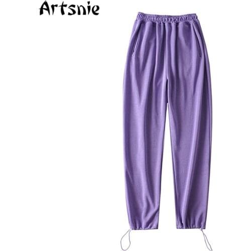 Artsnie winter 2020 sweet purple sweatpants women high waist pockets lace up trousers vintage casual cotton wide leg pants mujer