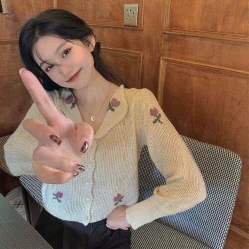 Women Cardigan Long Sleeve Floral Embroidery V-neck Female Elegant Spring Autumn Casual Tops Korean Style Loose Knitted tops