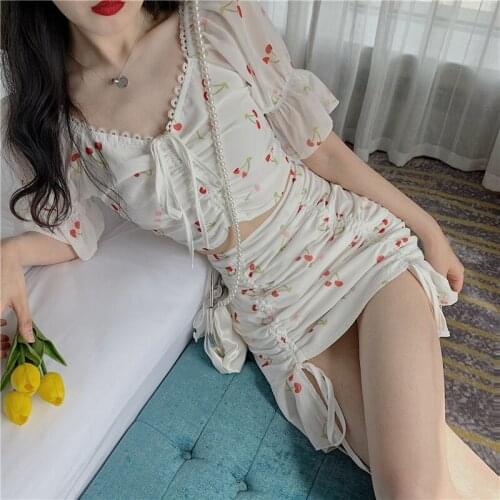 Summer Two Piece Set Women Print Sweet Drawstring V-neck Cherry Printed Top + High Waist Lace-up Sexy Skirt Kawaii Set Women
