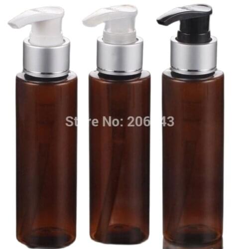 100ml brown PET BOTTLE with black/transparen/white pressp pump, matt silver collar for lotion, serum shampoo gel scrub using