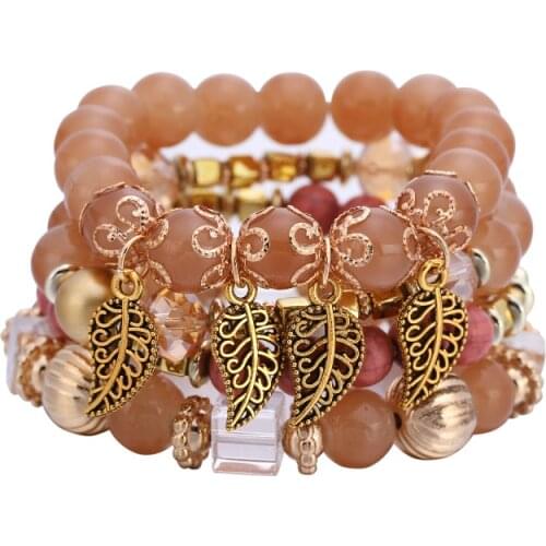 ORNAPEADIA Beaded Bracelet for Women Wholesale Bohemian Holiday Elastic Rope Multiple Colorful Leaf Bangles with Charm