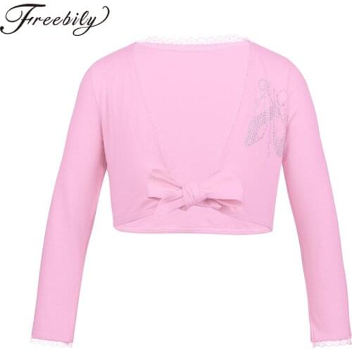 Kids Girls Classic V-neck Front Knot Cotton Ballet Gymnastics Leotards Wrap Top Long Sleeve Cardigan Childrens Dance Wear