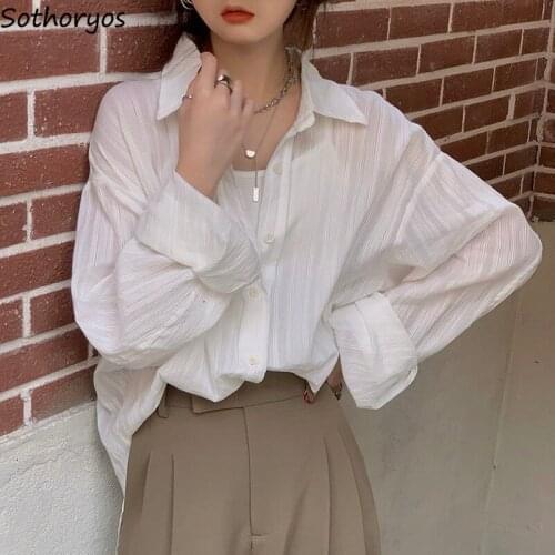 Elegant Fashion White Shirts Women Solid Summer Loose Translucent Ladies Baggy Oversize Casual Blusas Simple Chic Outwear Mujer
