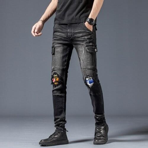 Fashion New Hole Design Jeans Multi Pocket Spliced Letter Casual Slim Straight Pants Korean Style Vintage Biker Stretch Pants