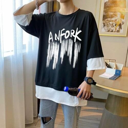 Mens 2021 summer coat loose short-sleeved t-shirt ins trend casual round neck hip-hop tide brand fake two-piece T-shirt