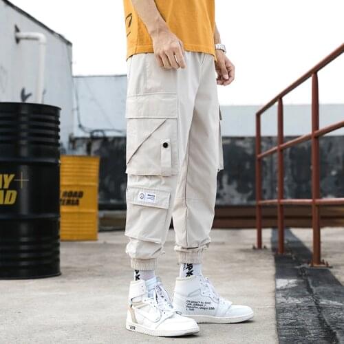 Men Ribbons Color Block Black Pocket Cargo Pants Harem Joggers Harajuku Sweatpant Hip Hop Trousers Streetwear Men Elastic Waist