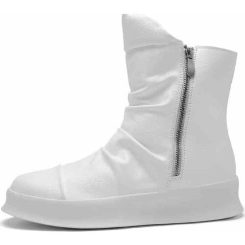 High Street Men Casual White High-Top Shoes British Style Chelsea Boots Zipper Height Increasing Platform Sneakers Work Boots