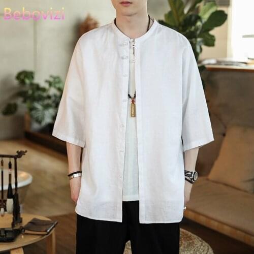 New 2021 Plus Size M-5XL White Cotton Linen Han Fu Summer Traditional Chinese Clothing Style Orient Tang Hanfu for Men Tops