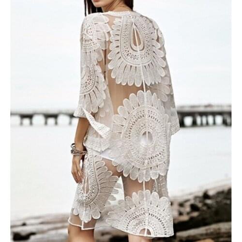 Paris Girl New Summer Swimsuit Lace Hollow Crochet Beach Bikini Cover Up Women Tops Swimwear Beach Dress White Beach Tunic Shirt