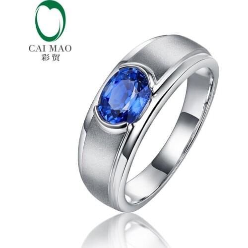CAIMAO 14kt White Gold Natural Blue Sapphire Satin Finish Engagement Wedding Ring for Unisex Fine Jewelry