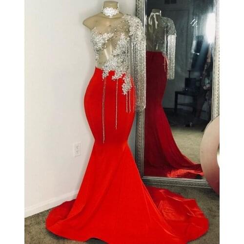 Luxury Red Satin Prom Dresses with Crystal Beaded One Shoulder Mermaid Evening Dress Long Sleeve African Graduation Party Gowns