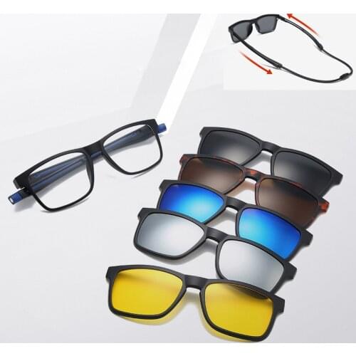 5 in 1 Clip On Sunglasses with Polarized Mirror Flat Night Vision Magnetic Lens Adjustable Optical Myopia Glasses Prescription