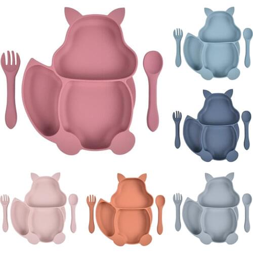 3pcs Baby Silicone Dish Suction Cup Plate with Spoon &Fork Feeding Set Dispensing Baby Dishes Antislip Cute Childrens Tableware