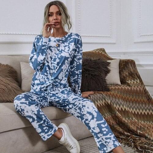 Spring European American Plus Size Casual Womens Clothing Round Neck Pullover Tie-dye Long-sleeved Home Wear Two-piece Female