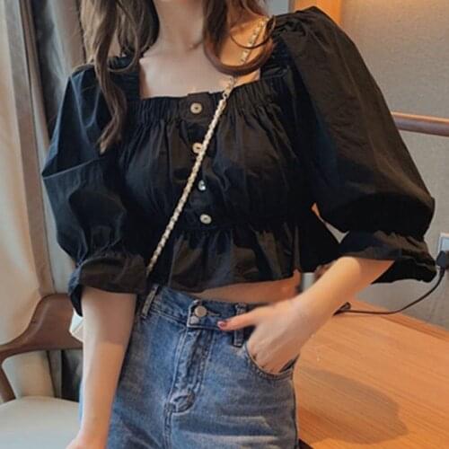 French Ruffled Square Neckline Shoulder Folds Waist Short Top Sweet Retro Puff Sleeve Womens Shirt