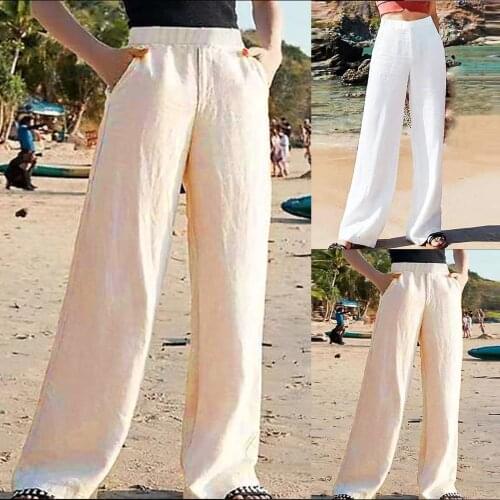 Womens Cotton And Linen Pants Trousers Solid Color And Floor Pocket Wide Leg Pants High Quality Simple Comfy Pant Dropshipping