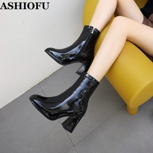 ASHIOFU New Style Handmade Ladies Chunky Heels Boots Real Photos Party Prom Martin Boots Evening Winter Fashion Club Short Boots