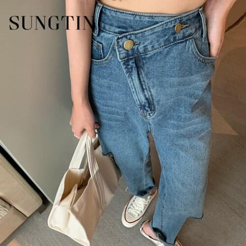 Sungtin Ripped Hole Jeans for Women High Waist Korean Irregular Ripped Jeans Female Loose Vintage Straight Pants 2021 Streetwear