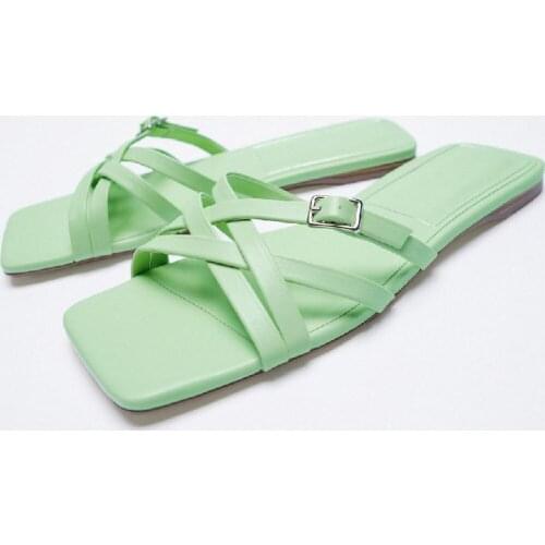 ZAR Slippers Women Summer Luxury 2021 New Green Square Toe Buckle Ornament Casual Flat Sandals Brand Woman Beach Shoes Plus Size