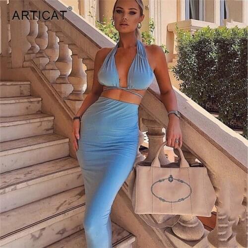 Articat Sexy Sheath Two Piece Dress Sets Women Halter Hollow Out Crop Top Long Maxi Skirts Suit Beach Outfits Femme Matching Set