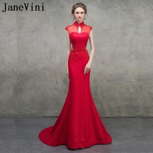 JaneVini Vestidos Lace Mother of the Bride Dresses Mermaid High Neck Lace Appliques Beaded Red Evening Dresses Vestido De Novia