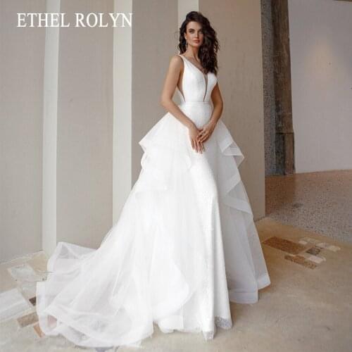 ETHEL ROLYN Mermaid Wedding Dress 2021 Detachable Train Sleeveless Shiy Beaded V-neck Backless Bridal Dresses Vestido De Noiva