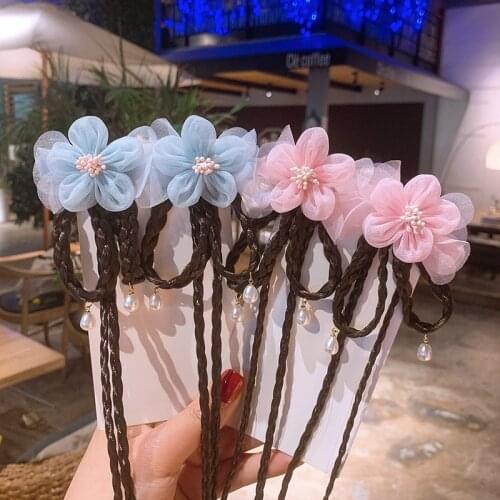 1pair Fake Braid Flower Bow Tassel Bead Women Girl Kid Hanfu Chinese Style Hairpin Hair Clip Pin Barrettes Accessories Hairgrip