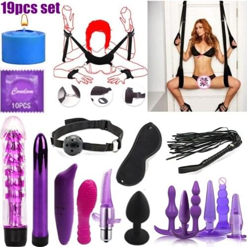 19 Pcs Sex Toys for Woman Adult Games Handcuffs Whip Mouth Gag Rope Metal Butt Plug Bdsm Bondage Set Bead Anal plug Vibrator