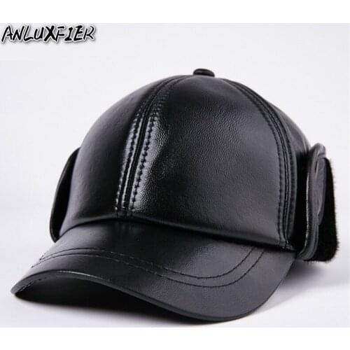 B-7199 New Genuine Leather Hat Baseball Cap Adult Winter Warm Caps Thickened Earmuffs Warm Hat Ear Protective Hats Fleece line