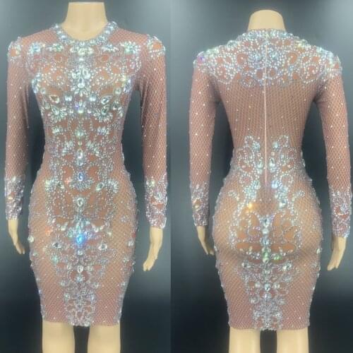 Sparkly Silver Rhinestones See Through Dress Prom Party Mesh Outfit Evening Birthday Celebrate Dresses Women Dance CostumeXS2651