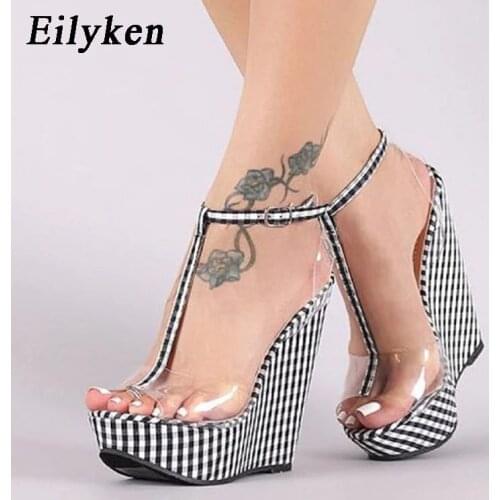 Eilyken Fashion Gingham Thick Bottoms Wedge Sandals Femme Ankle Buckle Strap Platform High Heels PVC Transparent Women Shoes
