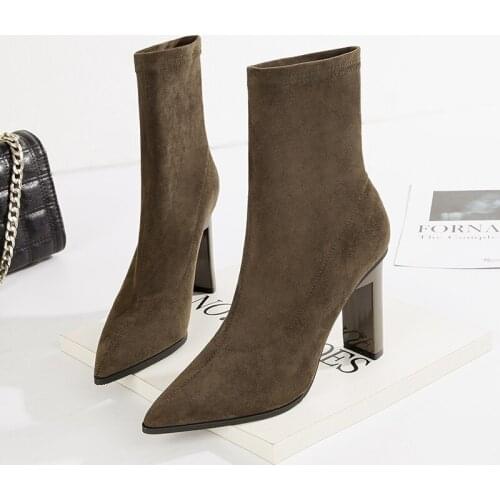 Winter Spring Fashion Women Designer Green Black High Heels Suede Sock Boots Flock Yarn Elastic Ankle Boots Wine Red Shoes