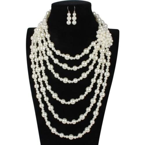 Elegant Jewelry Multi Layer Rhinestone White Imitation Pearls Pendants Bib Pearl Earrigs Pearl Necklace Sets for Women Bridal