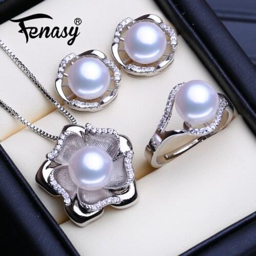 FENASY 925 Sterling Silver Pendant Necklace Natural Pearl Jewelry Sets For Women Bohemian Stud Earrings With Stones Party Rings