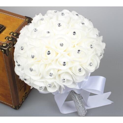 2021 Beautiful White Ivory Bridal Bridesmaid Flower Wedding Bouquet Artificial Flower Rose Bouquet Crystal Bridal Bouquets