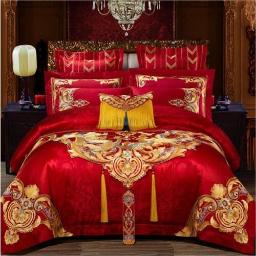 Red Chinese Style Embroidery Wedding Duvet Cover Bed sheet set Solid Princess Cotton Bedding Set Luxury Romantic Girls Bed cover