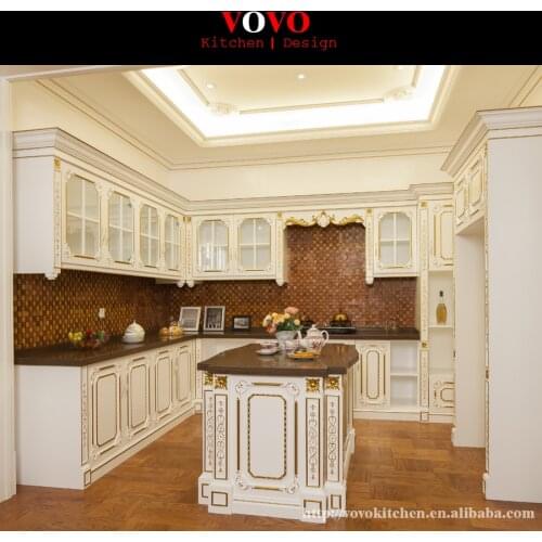 European style solid wood kitchen furniture with gold foil